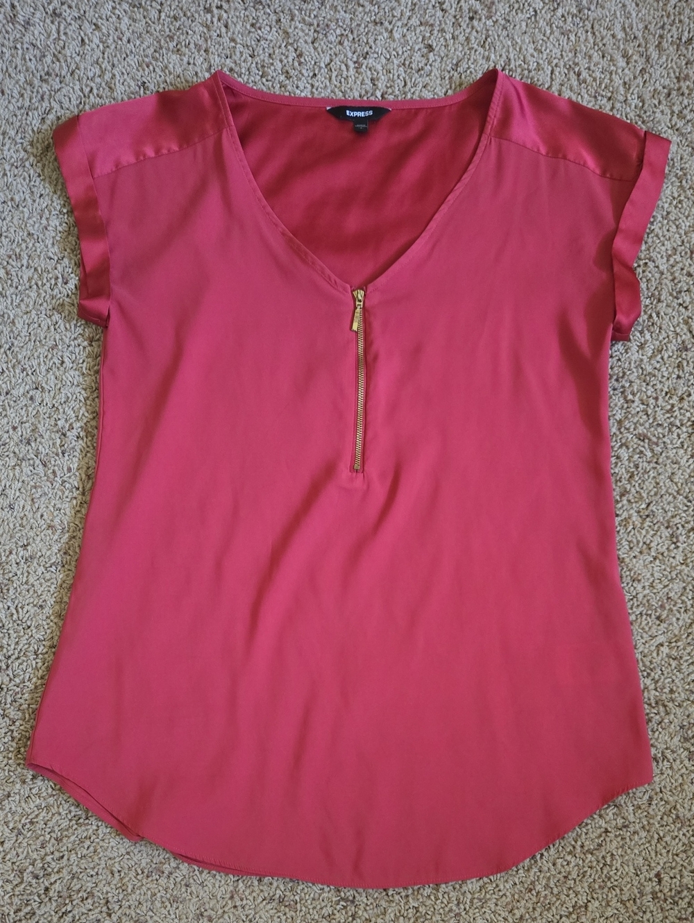 Express Satin Wine Red Zip V-Neck Cap Sleeve Blouse